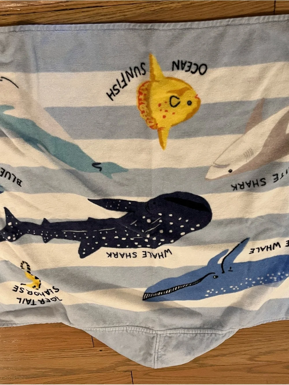 Pottery barn kids Striped Ocean Print Baby beach towel Whale Shark & Sunfish